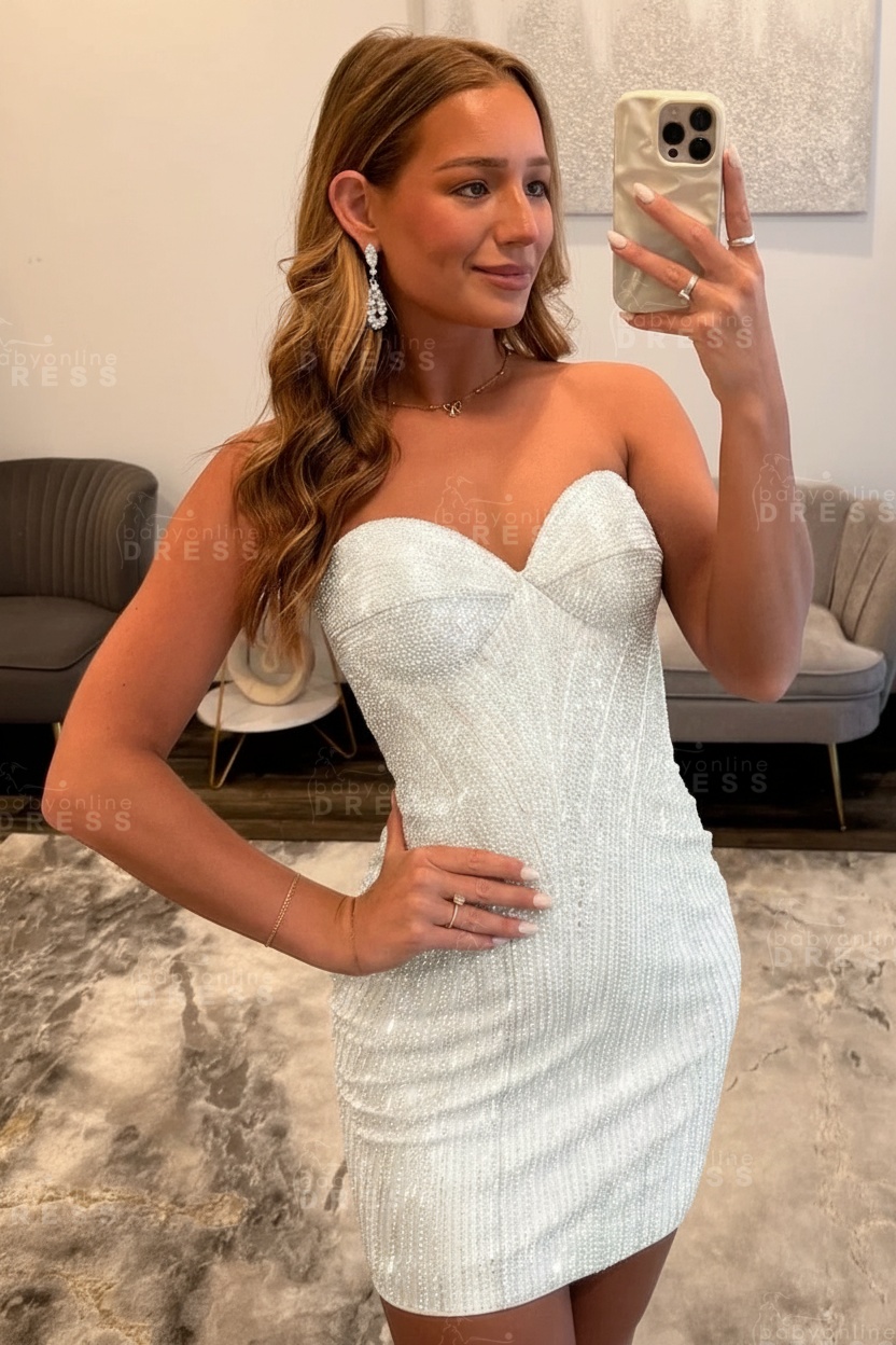 Sparkly Silver Sweetheart Beaded Lace-up Tight Short Homecoming Dress