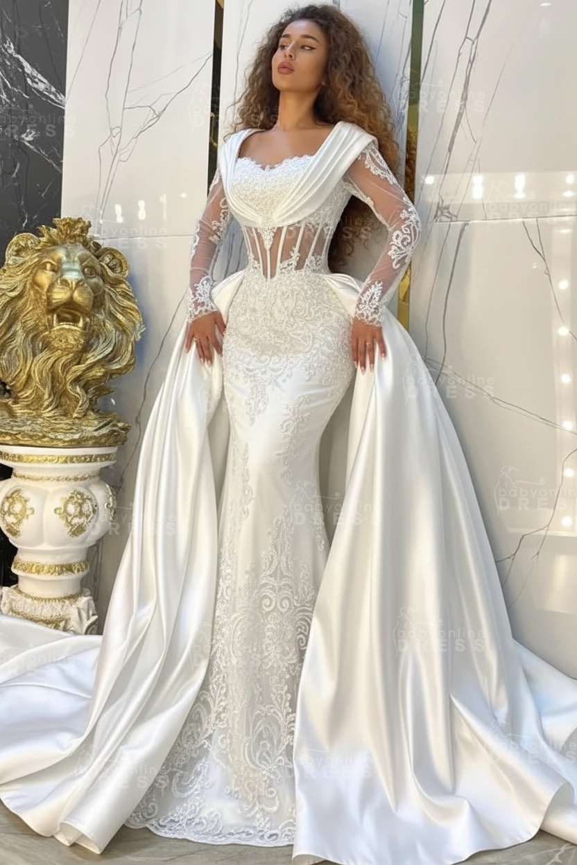 Gorgeous Sweetheart Appliques Lace A-Line Prom Dresses Long Sleeve Chapel Train