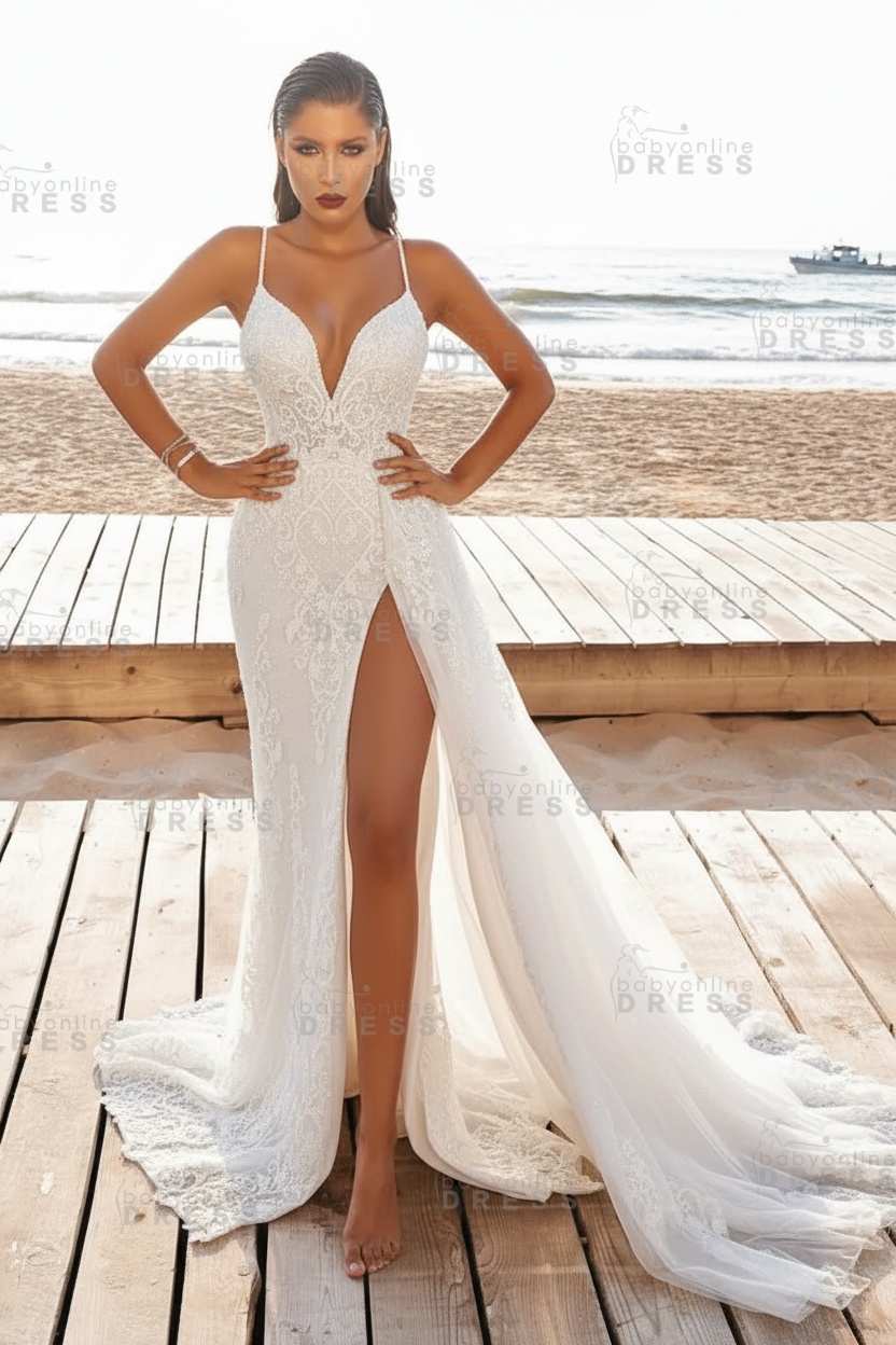 Sexy Spaghetti Side Split Tulle Beach Wedding Dress
