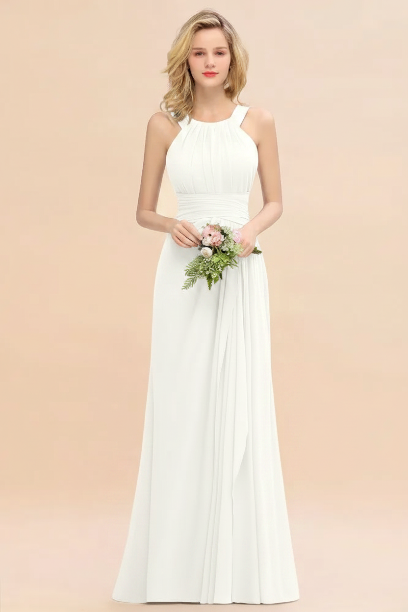 White halter chiffon floor length bridesmaid dress