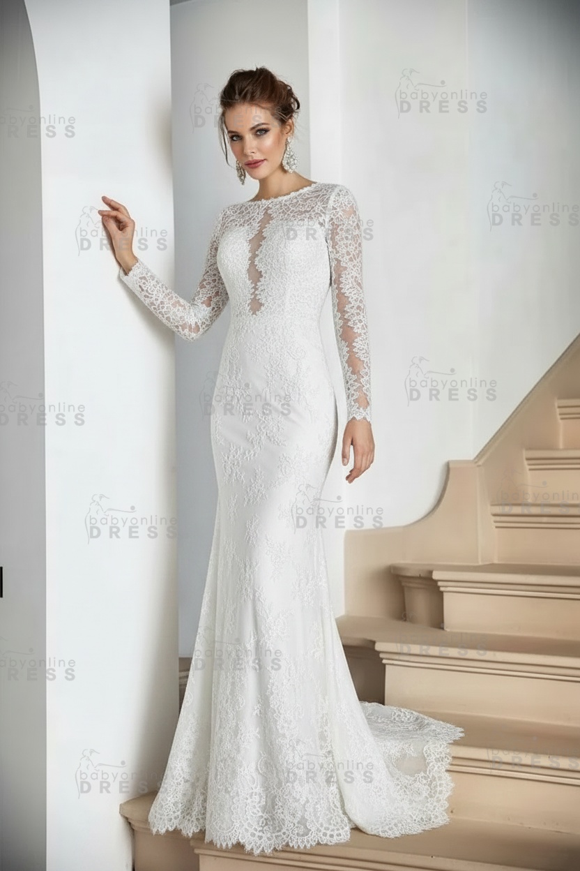 Boho White Lace Appliques Mermaid Evening Maxi Gown Long Sleeves Floor Length