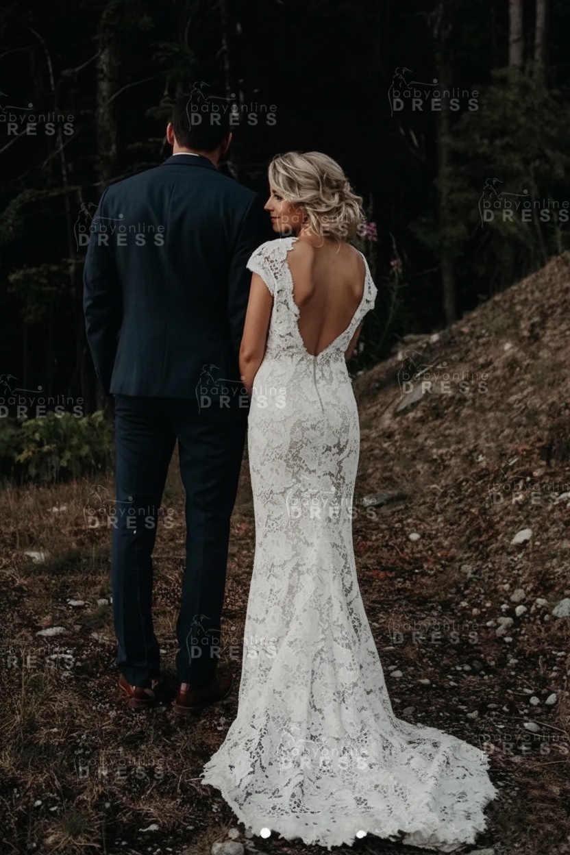Cap sleeves Sexy Backless Lace Ivory Court Train Boho Wedding Dress