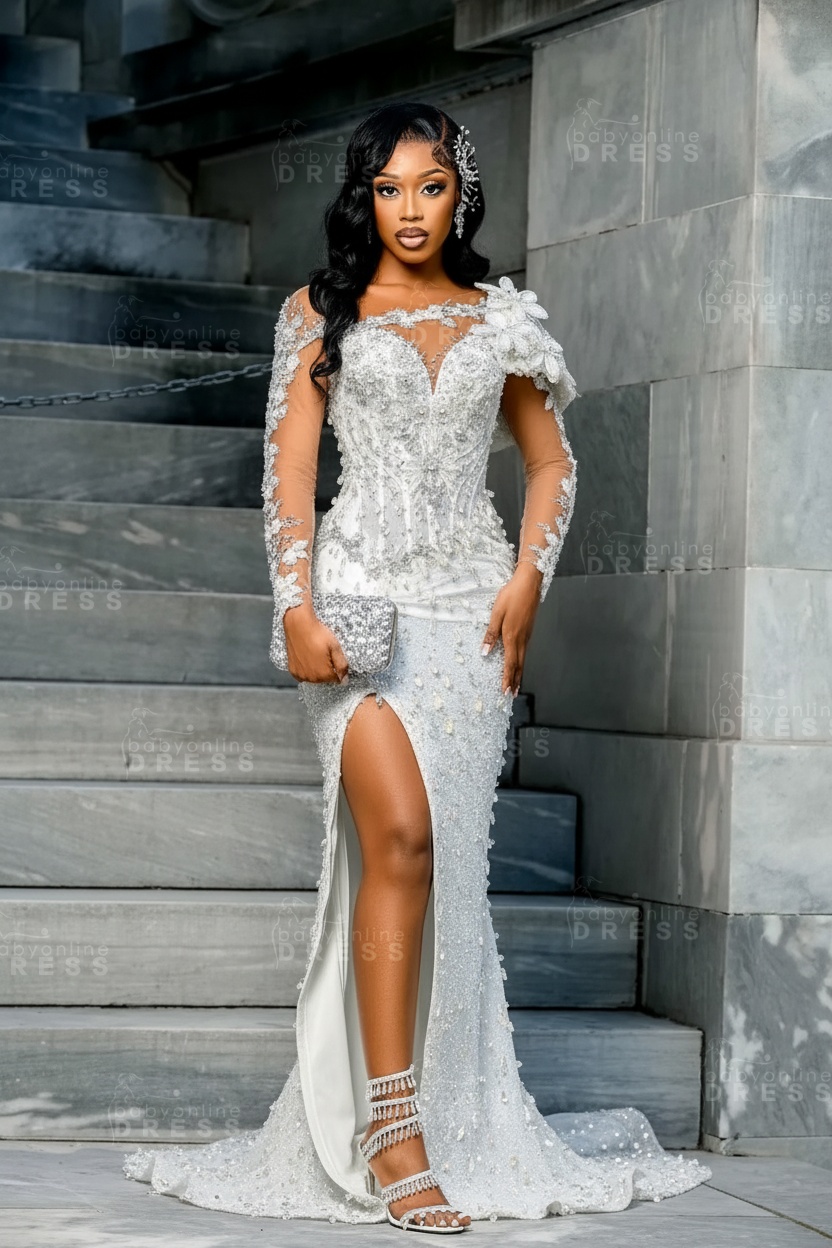Sparkly Sky Blue Mermaid Prom Dress Beadings Long Sleeves Evening Gown Flowers with High Slit