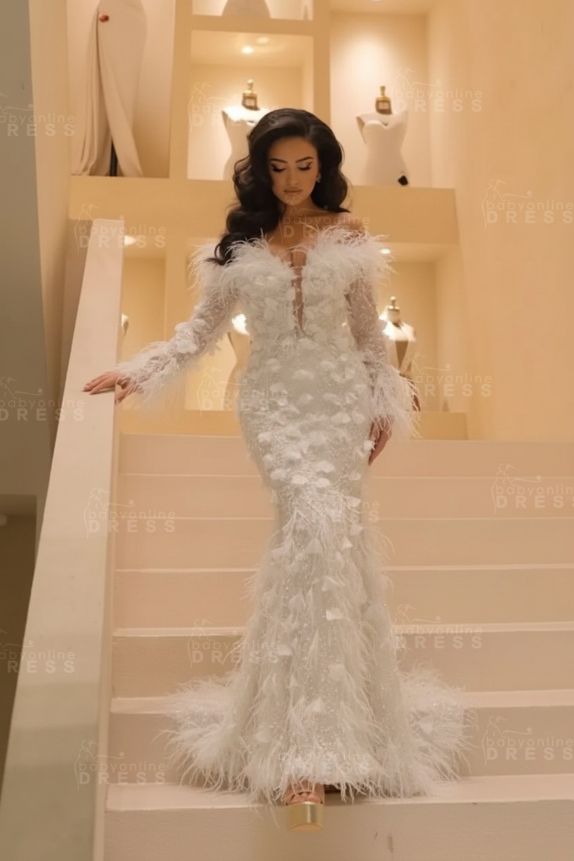 V-neck Long Sleeves Mermaid Evening Dresses Floor Length with Flowers