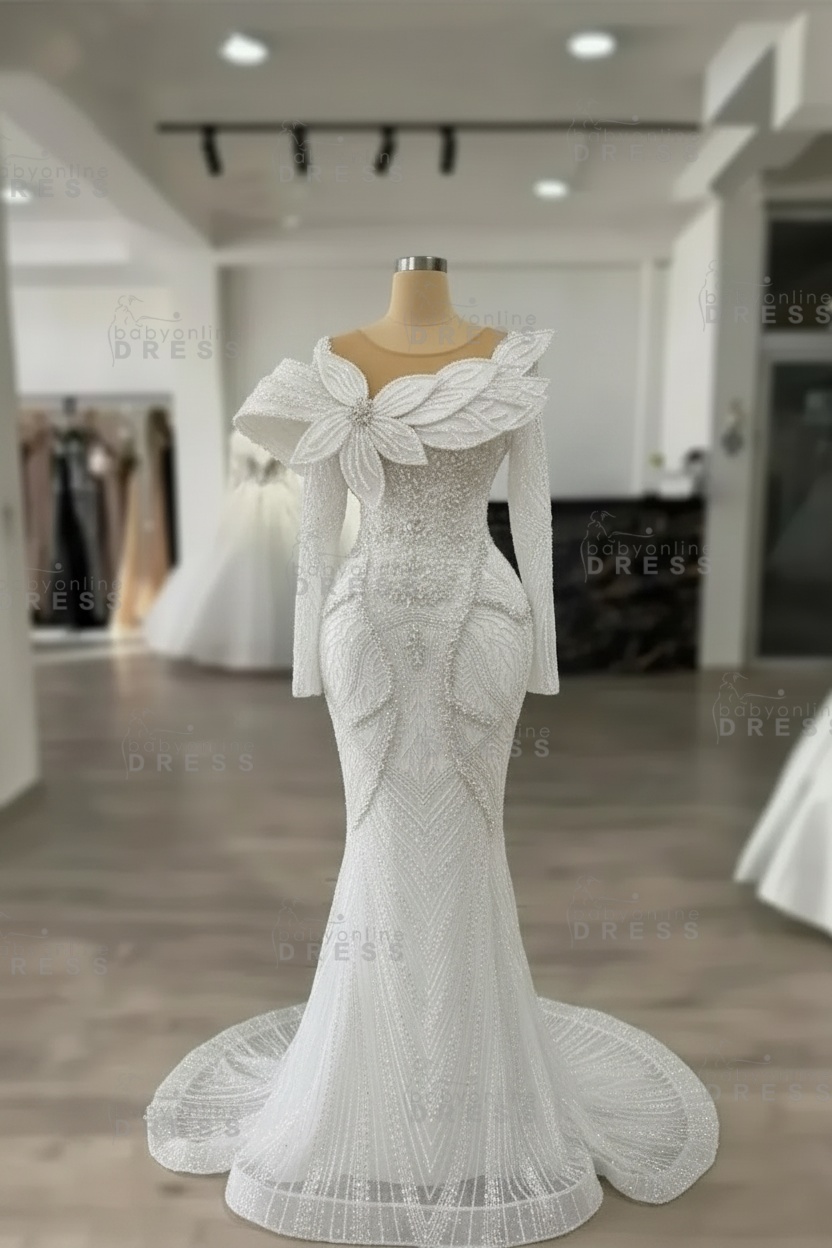 Luxury Crystals Long Sleeves Floor-Length Mermaid Prom Dress with Flowers 