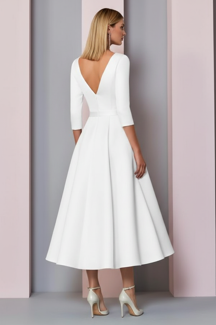 Half Sleeves White Ankle Length Mother of the Bride Dress V-Neck Satin Wedding Guest Dress