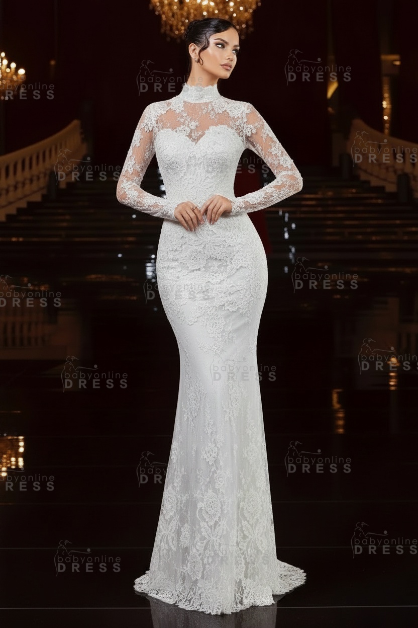 High Neck Lace Floor-Length Mermaid Wedding Gown with Long Sleeves