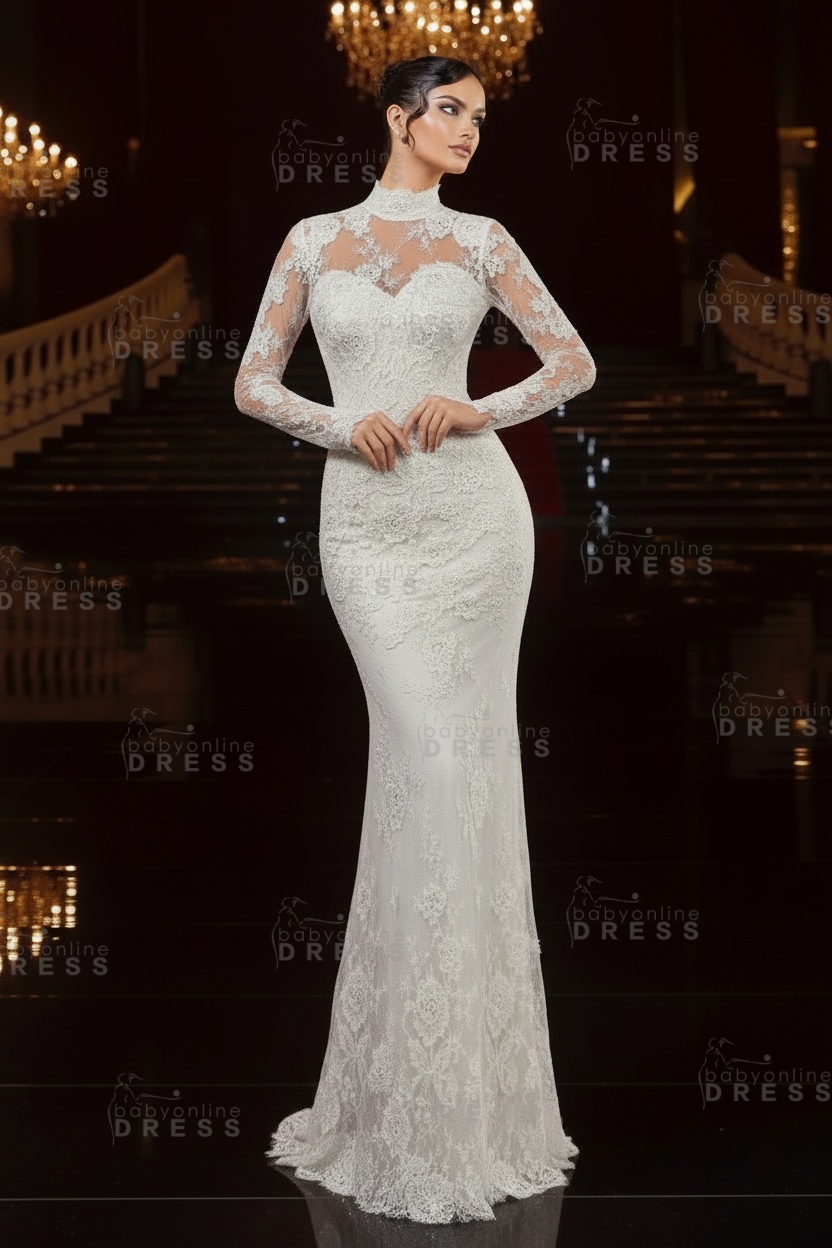 Gorgeous Lace Mermaid Wedding Gown High Neck with Long Sleeves