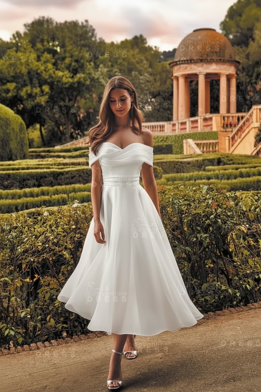 Off-the-Shoulder Tulle Tea Length Aline Wedding Dress Vintage Bridal Dress