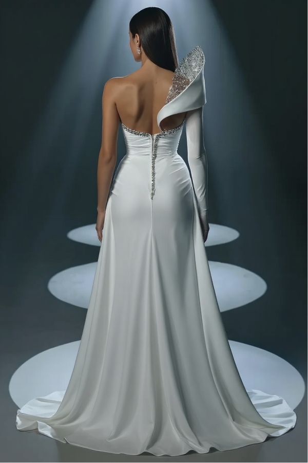 White One shoulder High Split White Court Train Prom Dresses