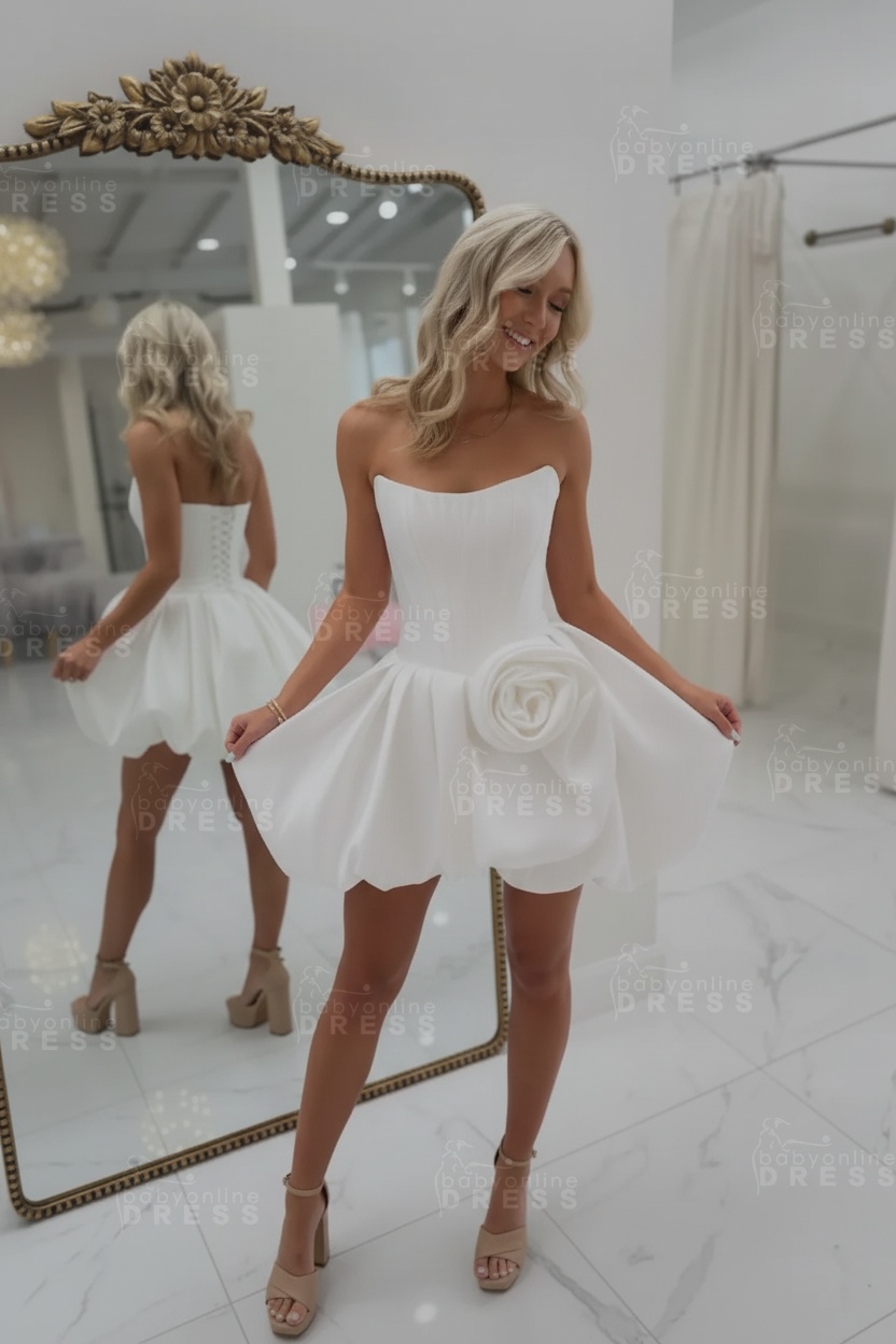 Strapless Satin Corset Short A-Line Homecoming Dress with Flowers
