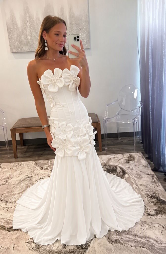 White Satin Bodycon Prom Dress with 3D Floral Appliques