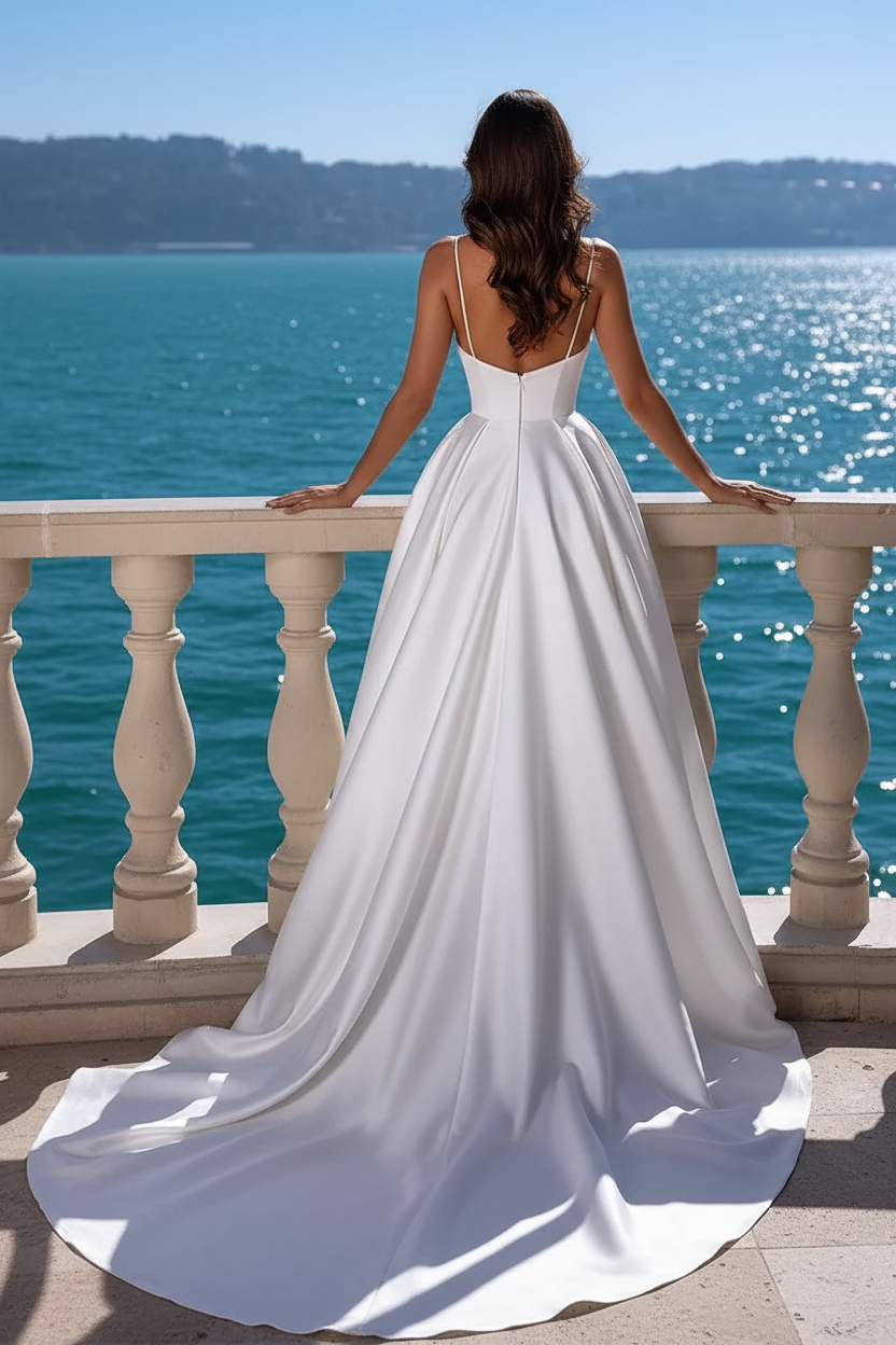 Spaghetti Straps Sweetheart White High Split Mermaid Prom Dresses