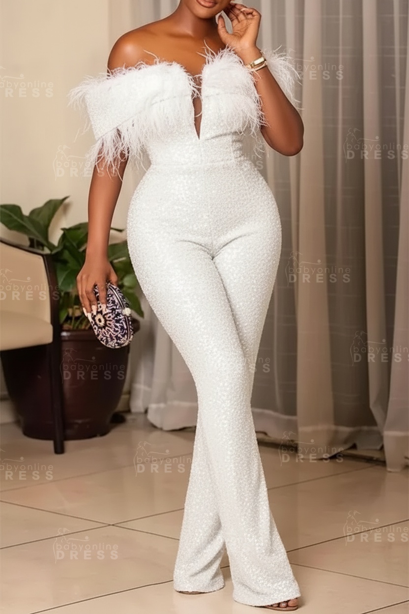 Plus Size Off Shoulder Sequin Women Jumpsuit Black Long Party Jumpsuits