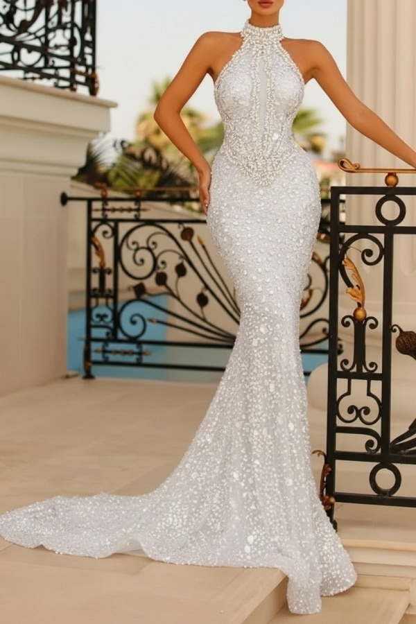 Champagne Halter Floor Length Mermaid Prom Party Dress with Beadings