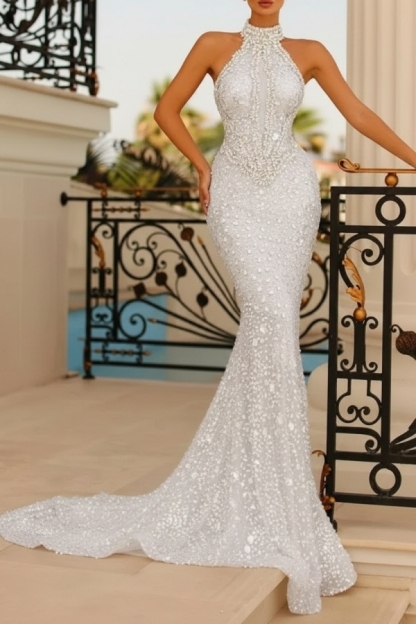 Champagne Halter Floor Length Mermaid Prom Party Dress with Beadings