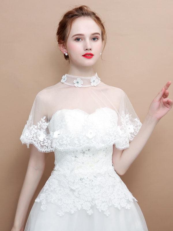 White Sheer Flowers Summer Cape Wedding Wraps | Babyonlinewholesale-Babyonlinewholesale