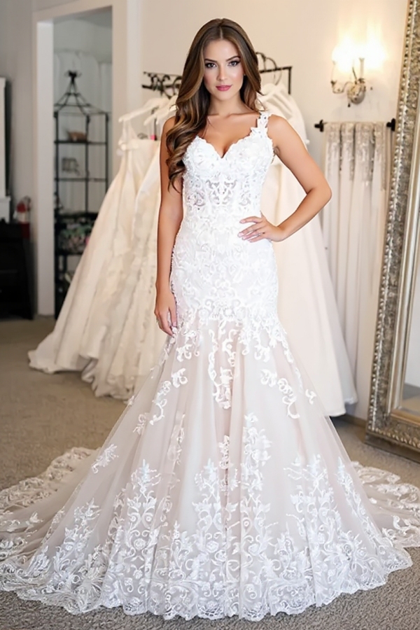 White Straps Sleeveless Column Tulle Lace Wedding Dresses