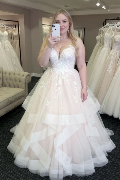 White Tulle V Neck Open Back Long Layered Wedding Dress