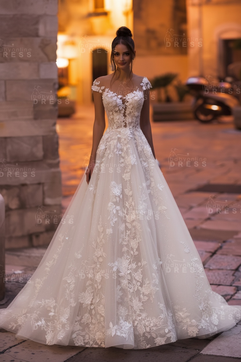 Modest Aline Wedding Dress Cap Sleeves Floral Tulle Lace Floor Length Bridal Dress
