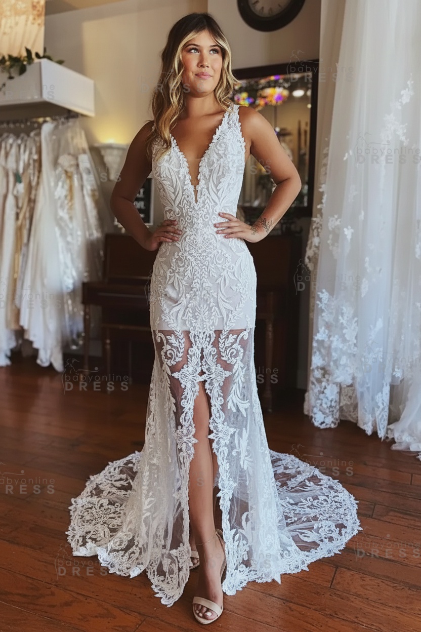 Stylish Floral Lace Mermaid Wedding Dress Deep V-Neck Front Slit Bridal Dress