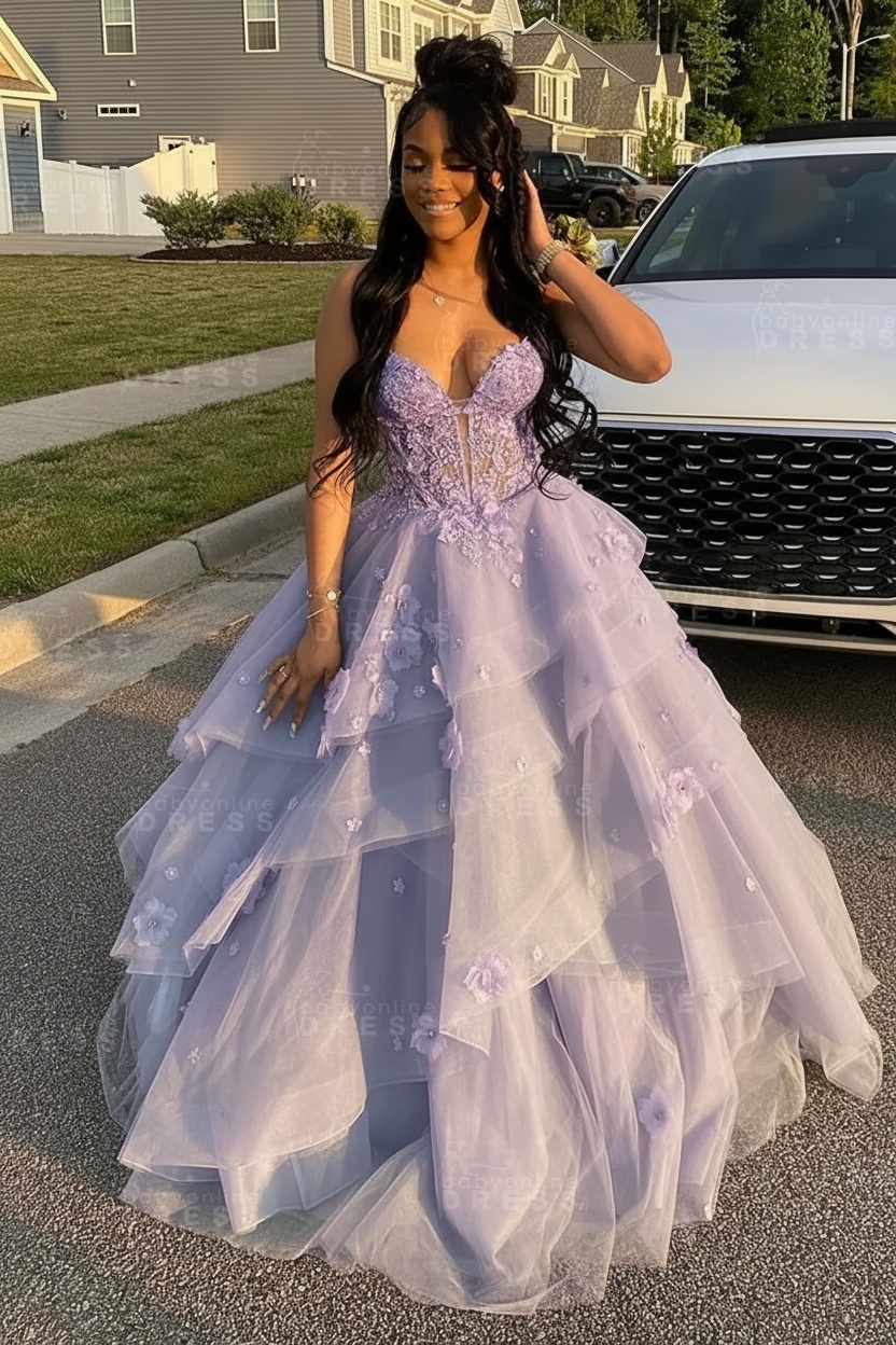 Sleeveless V-Neck Tulle Aline Prom Dress Floral Tiered Ruffles Corset Evening Dress