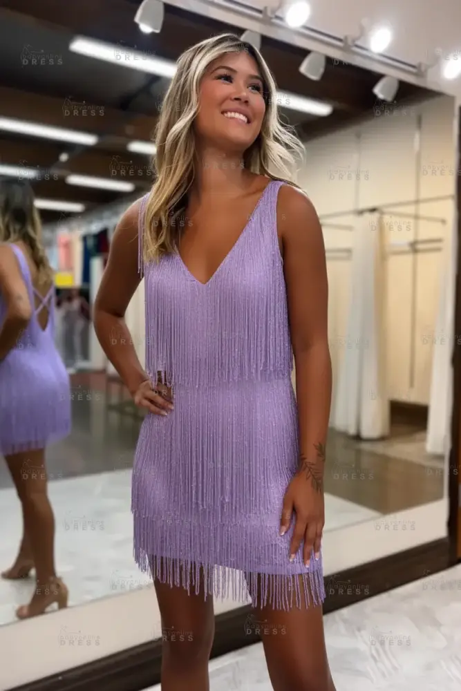 White V-Neck Backless Short Homecoming Dress with Tassels