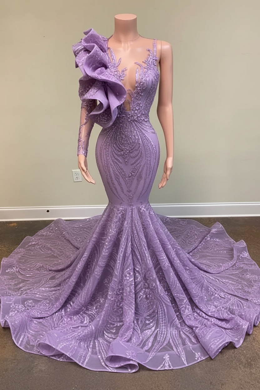 Chic Black Long Sleeve Asymmetrical Floor Length Mermaid Prom Dress