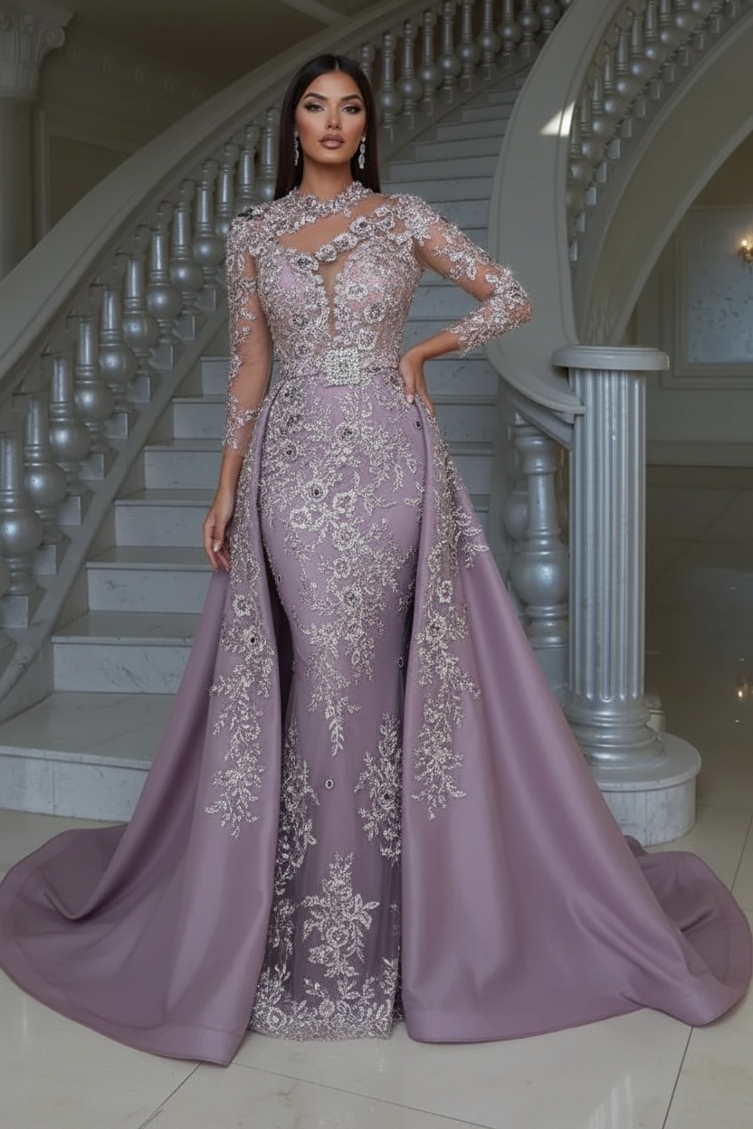 Blushing pink Long sleeves Overskirt Lace Prom Dresses