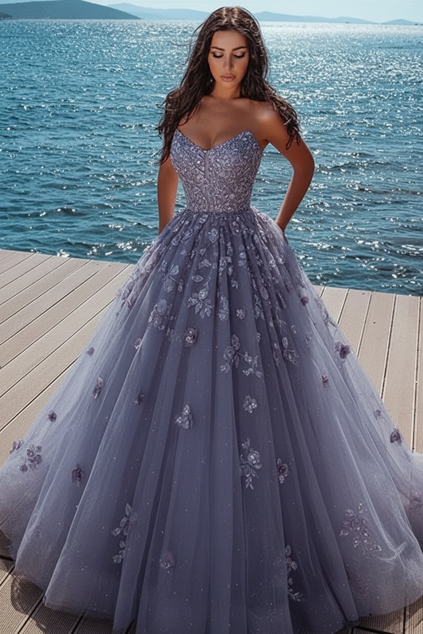 Elegant sky blue Butterfly Strapless Sweetheart Tulle Sparkle Prom Dress