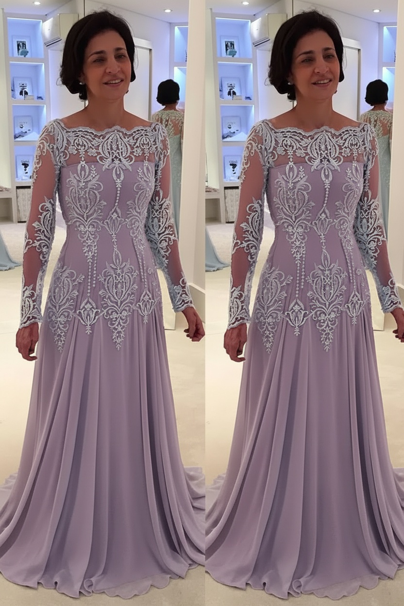 Elegant Floor-Length Lace Long-Sleeves A-line Mother of the Bride Dress 