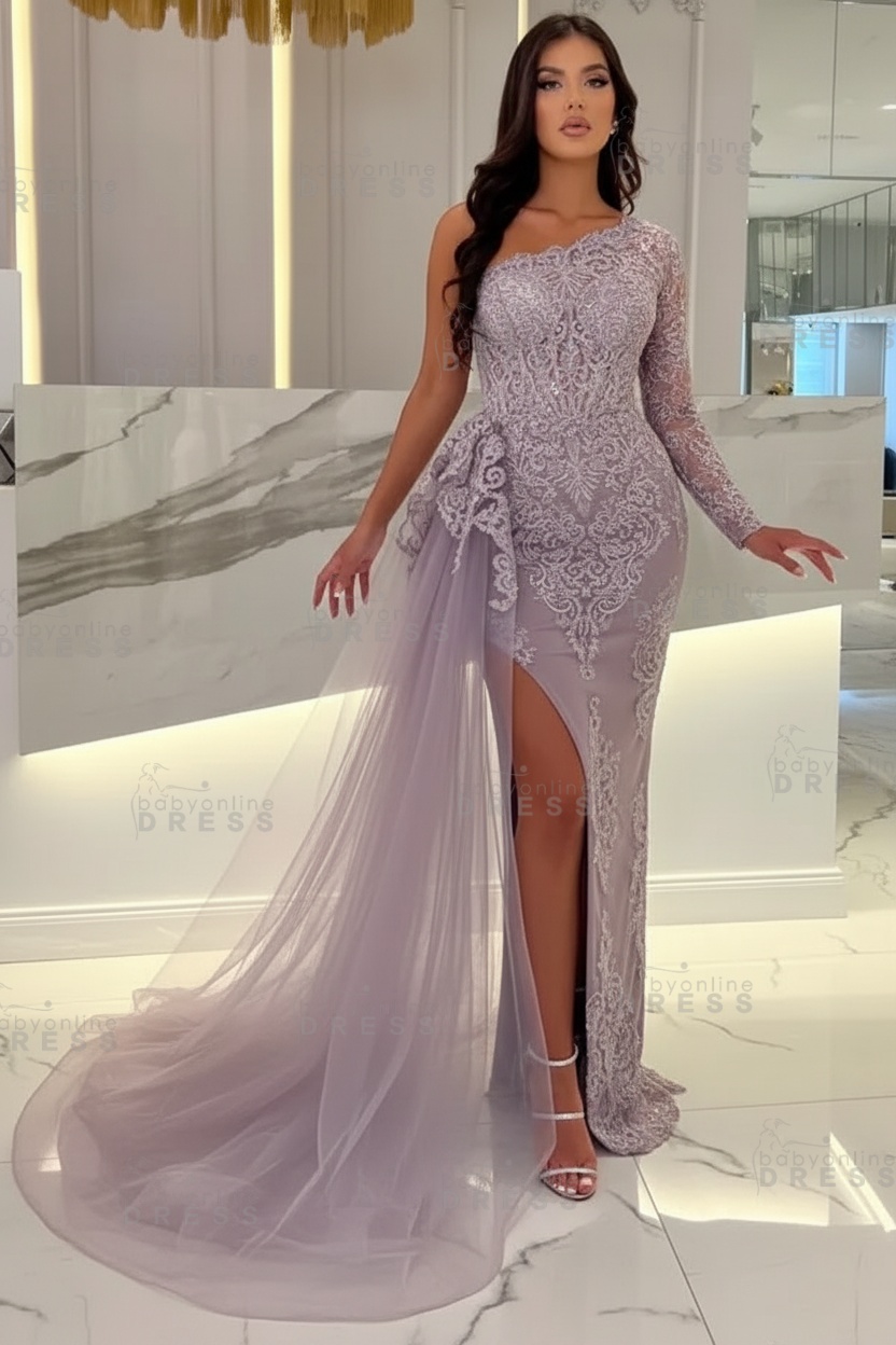 Sexy Sky blue One-shoulder Mermaid Prom Dress Tulle with High split