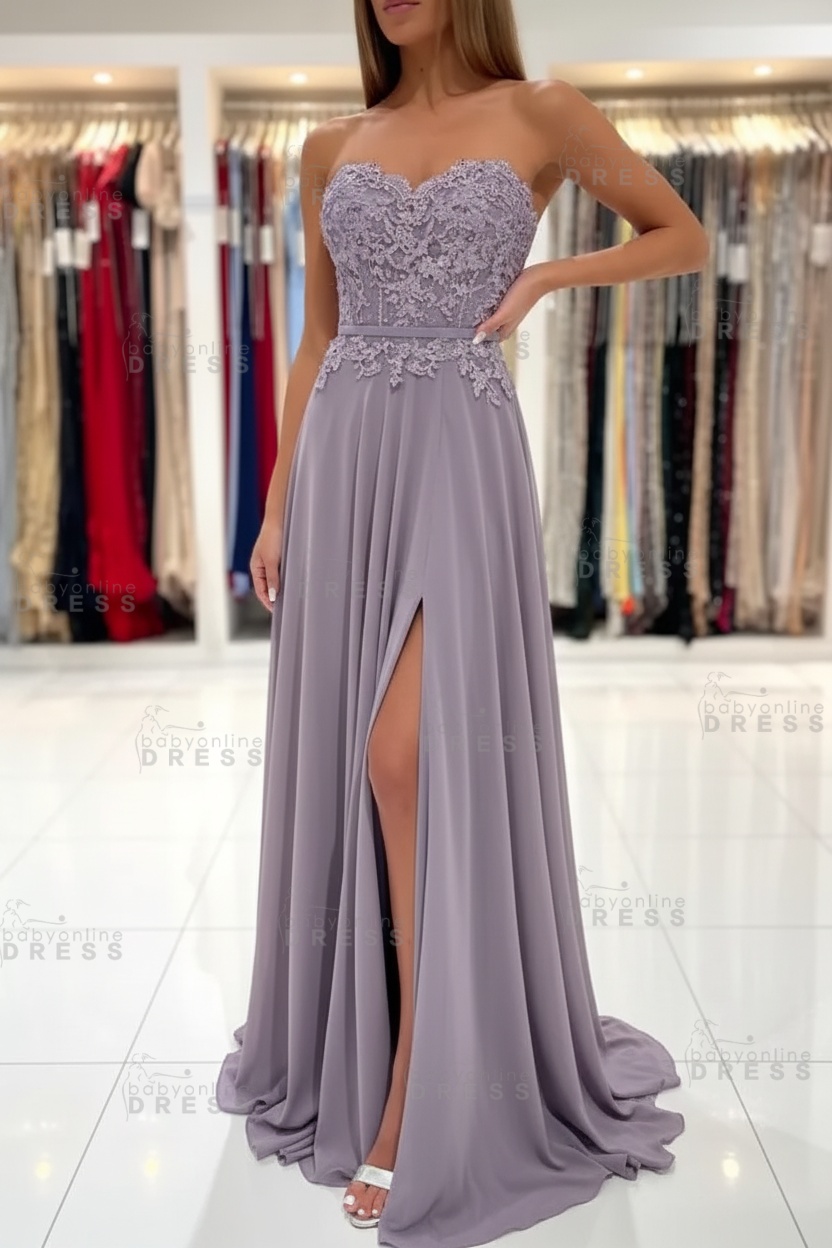 Sweetheart Strapless A-Line Chiffon Floor Length High Split Prom Dress