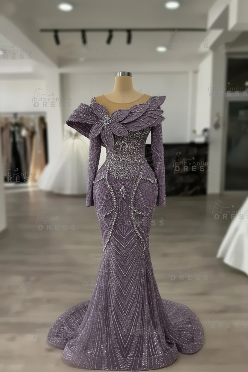Luxury Crystals Long Sleeves Floor-Length Mermaid Prom Dress with Flowers 