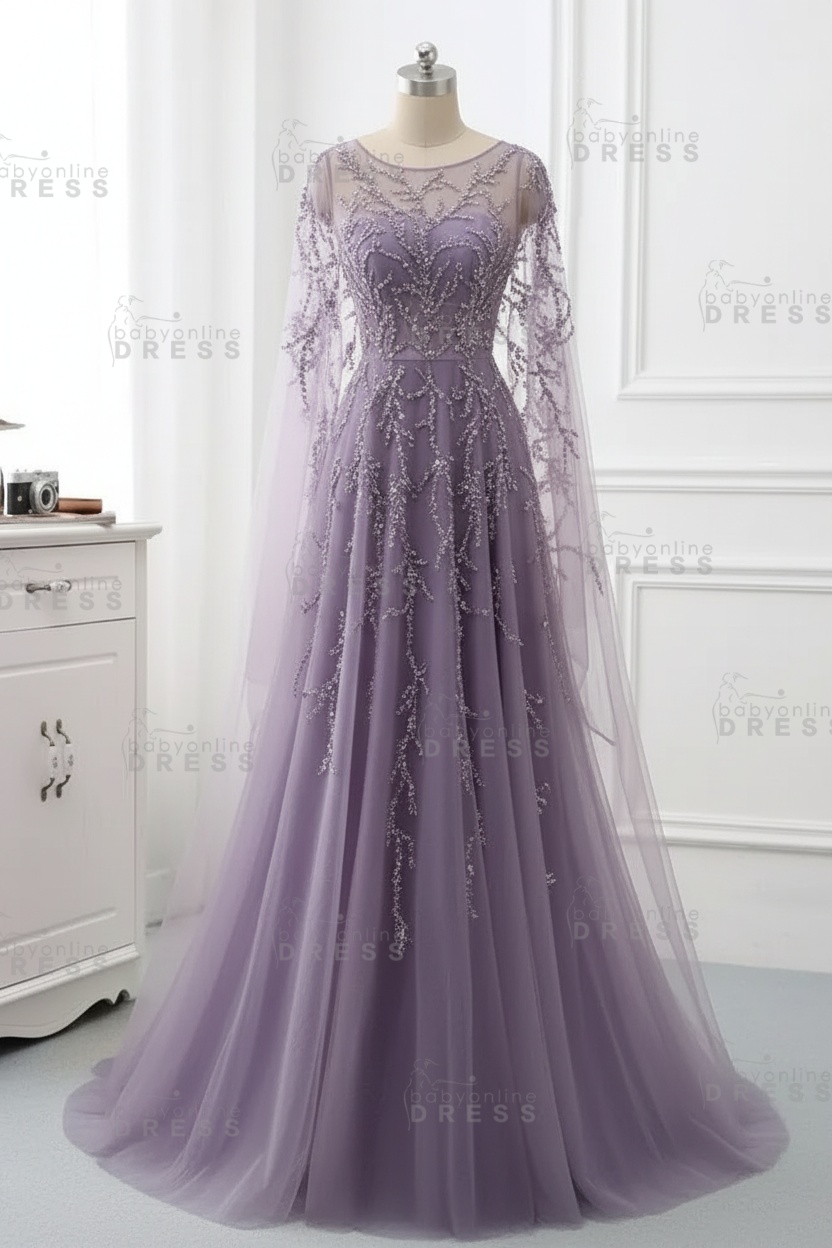 Elegant Jewel Long Sleeves Ruffle Prom Dresses with Beadings Online
