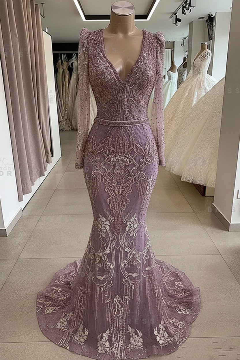 Gorgeous Mermaid Lace Beading V Neck Long Sleeves Prom Dresses | Evening Gowns With Beading Waistband