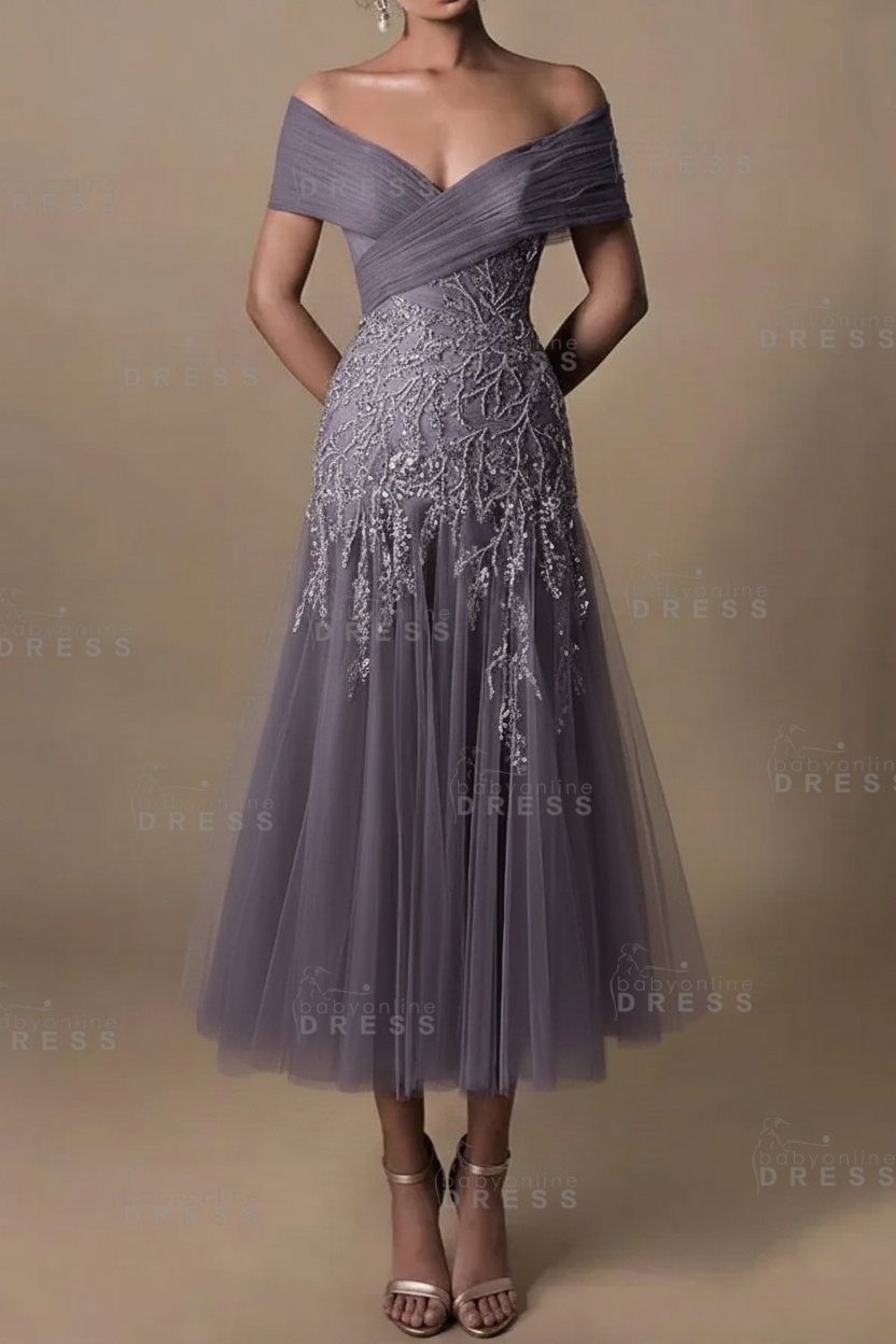 Champagne V-Neck A-Line Tea Length Prom Dress Tulle Mother of the Bride Dress