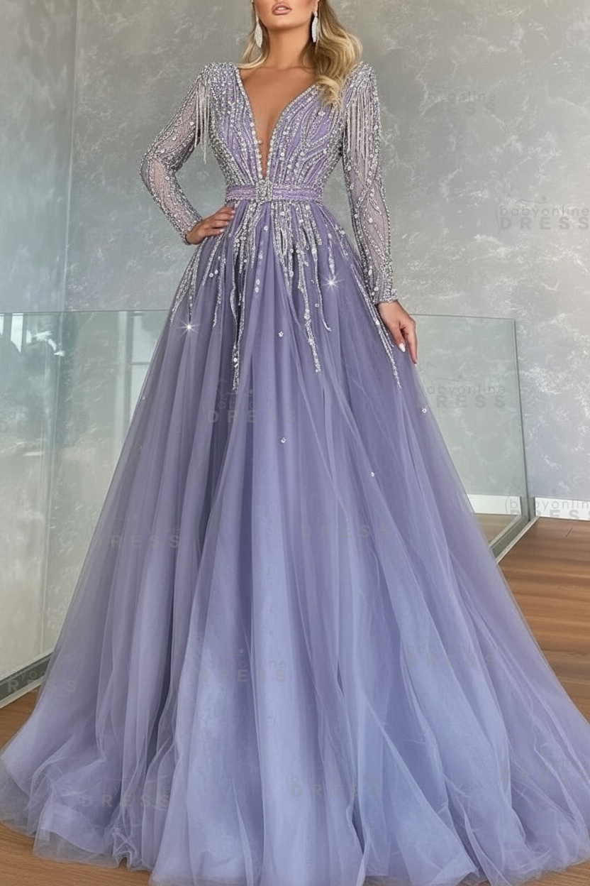 Long Sleeves V-neck Ball Gown A-line Prom Dress with Beadings