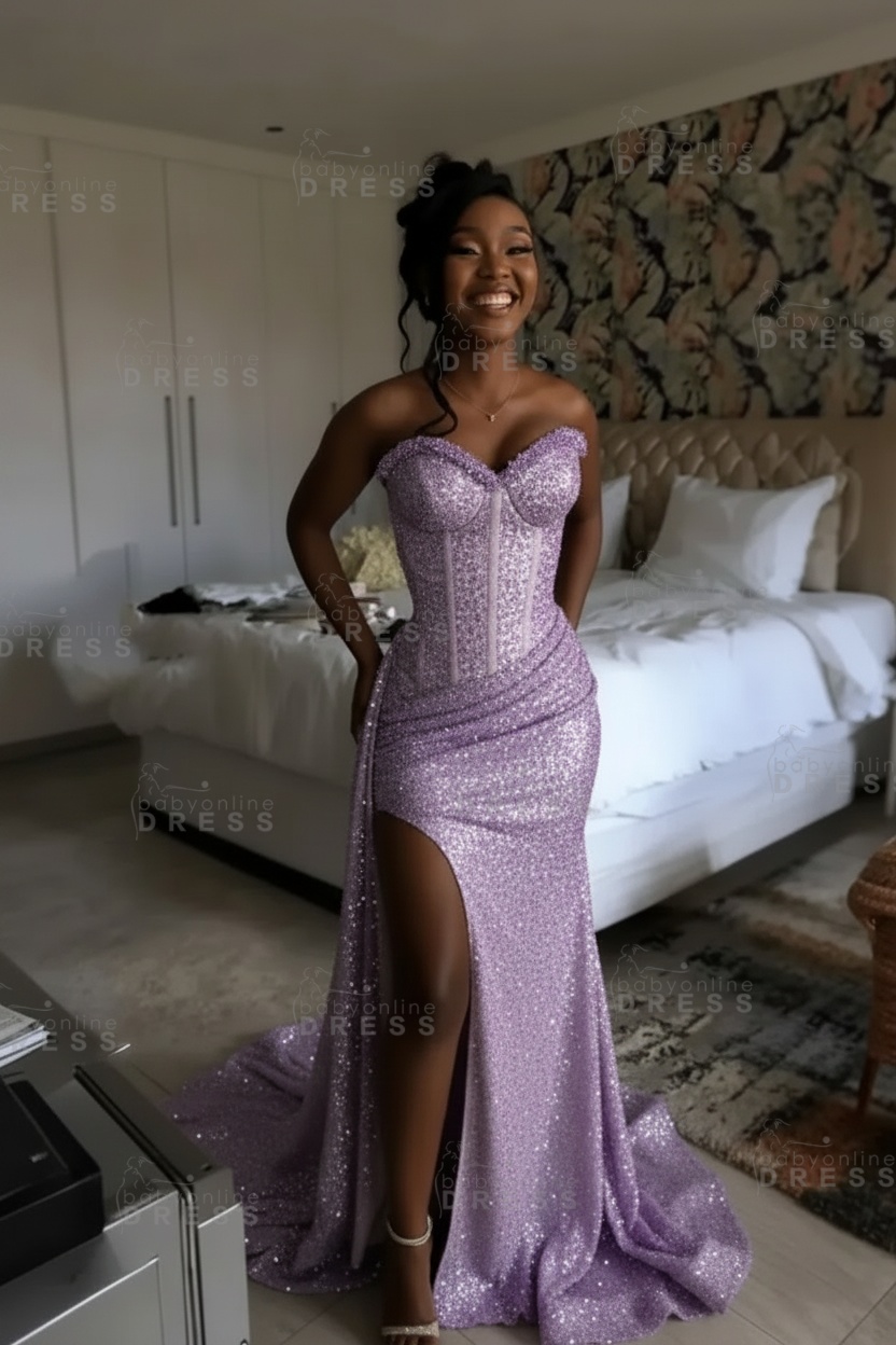 Sexy Orange Mermaid Prom Dress with Sequins High Split Strapless Long Party Dress