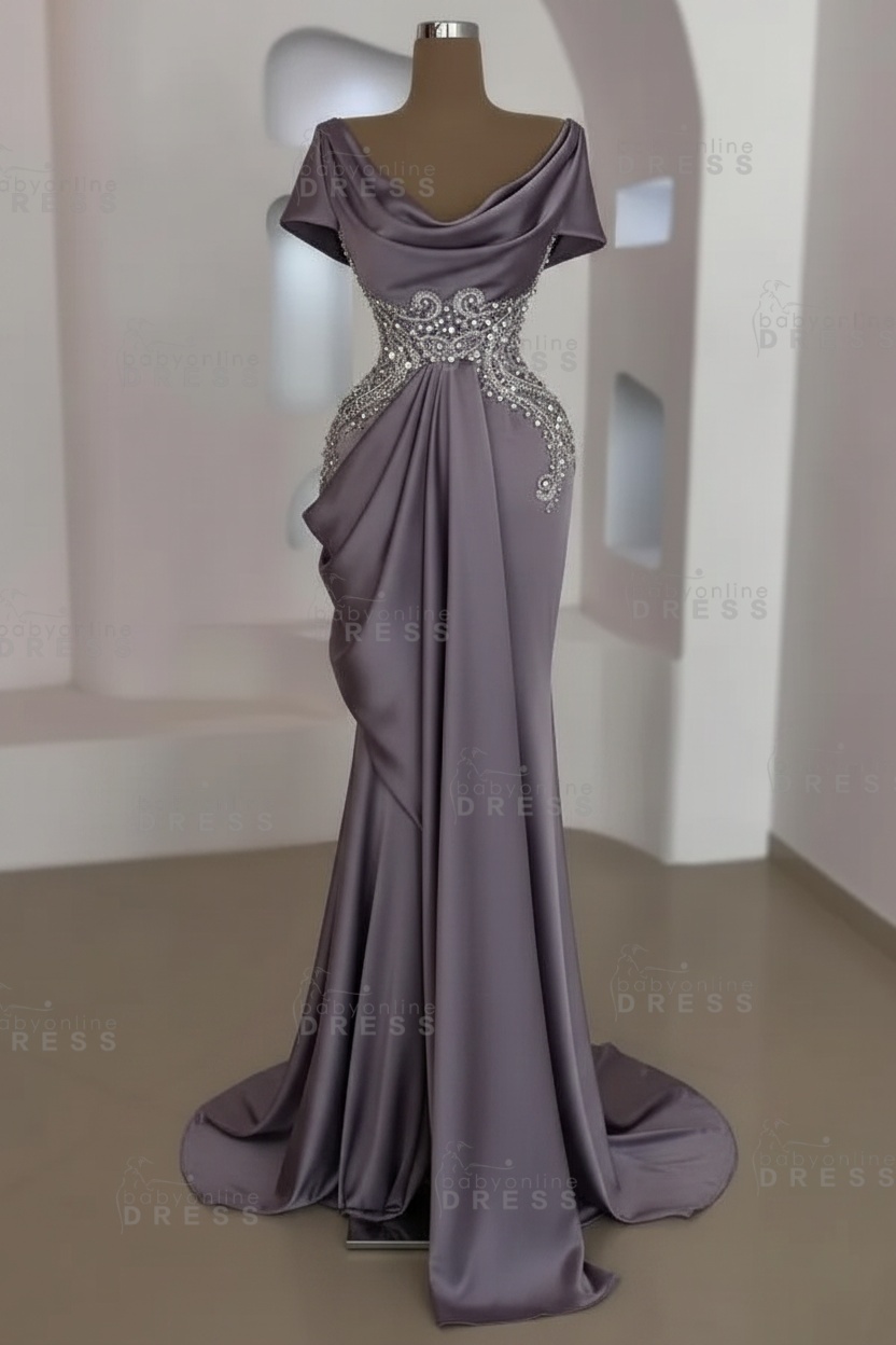 Short sleeves Mermaid Round neck Gray Prom Dresses