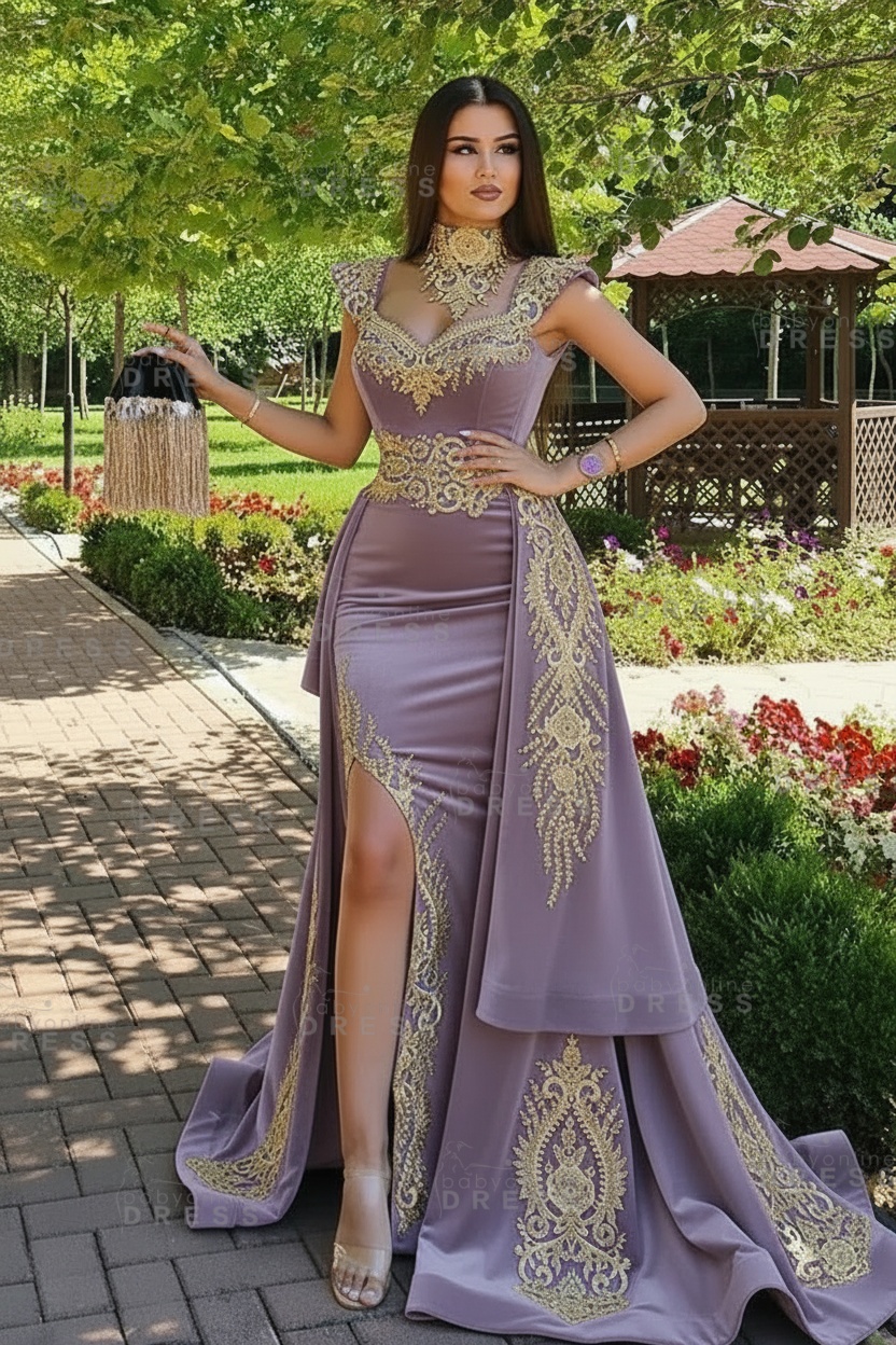 Dark Green Velvet Mermaid Evening Dress with Gold Lace appliques