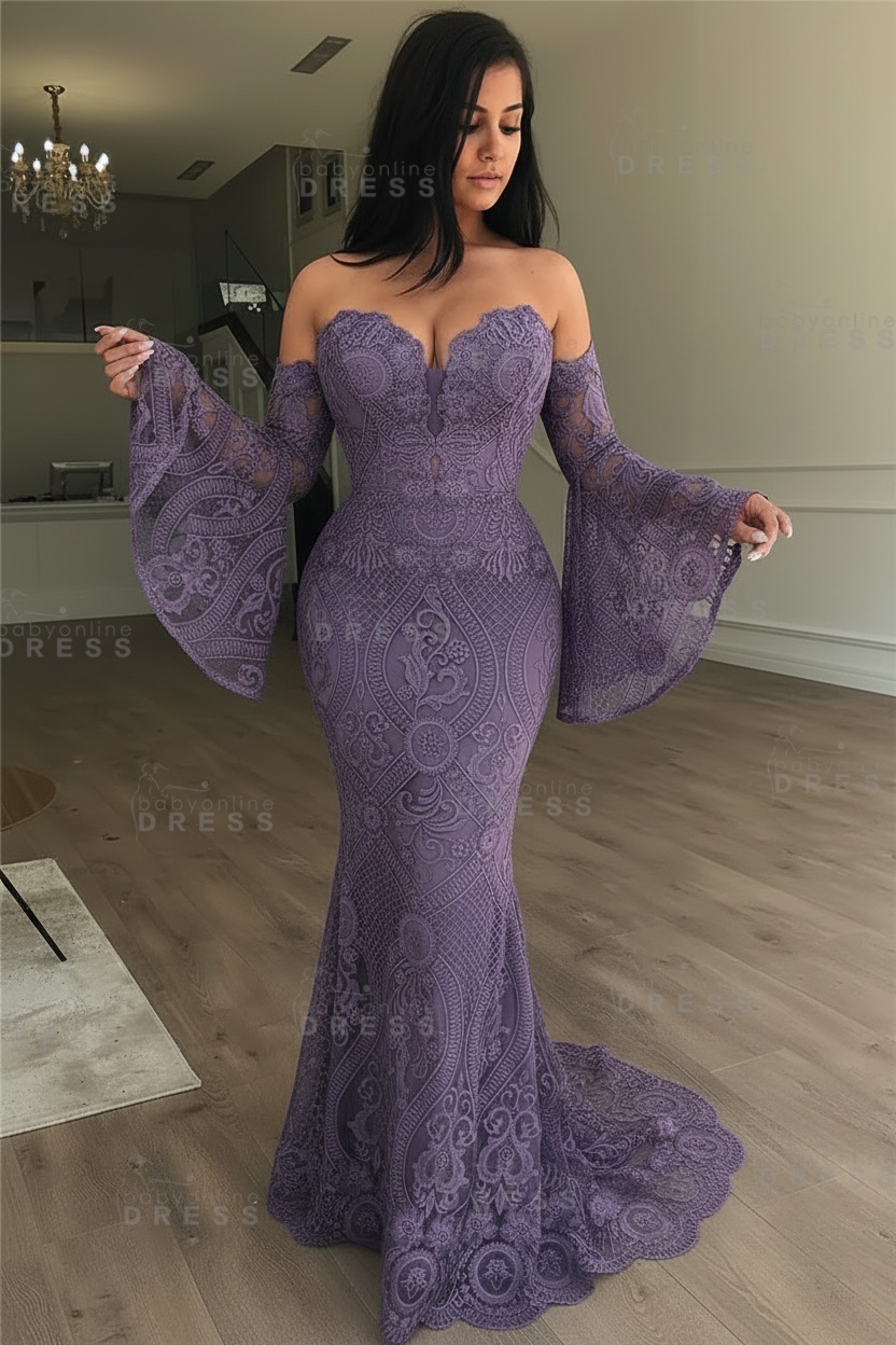 Off-the-Shoulder Long Sleeves Lace Floor-Length Mermaid Evening Dress