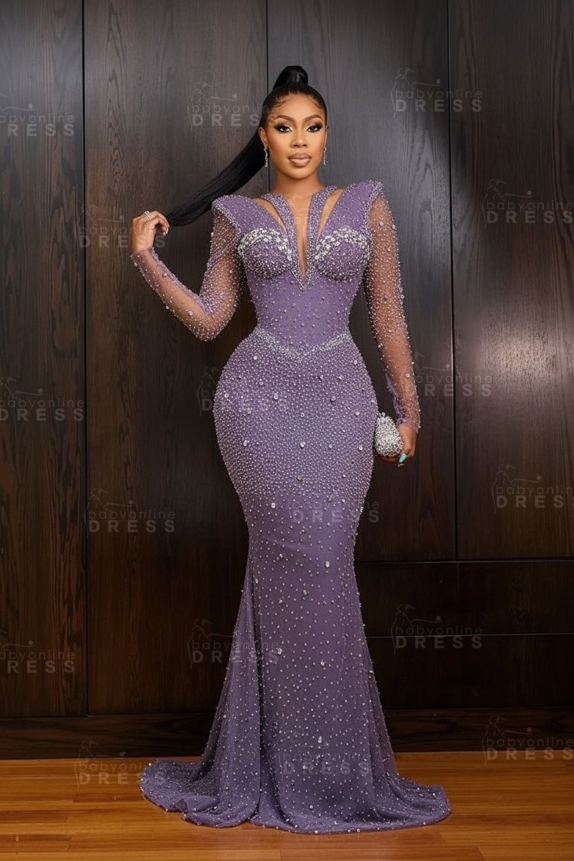 Green V-Neck Beadings Long Sleeves Floor-Length Mermaid Prom Dress