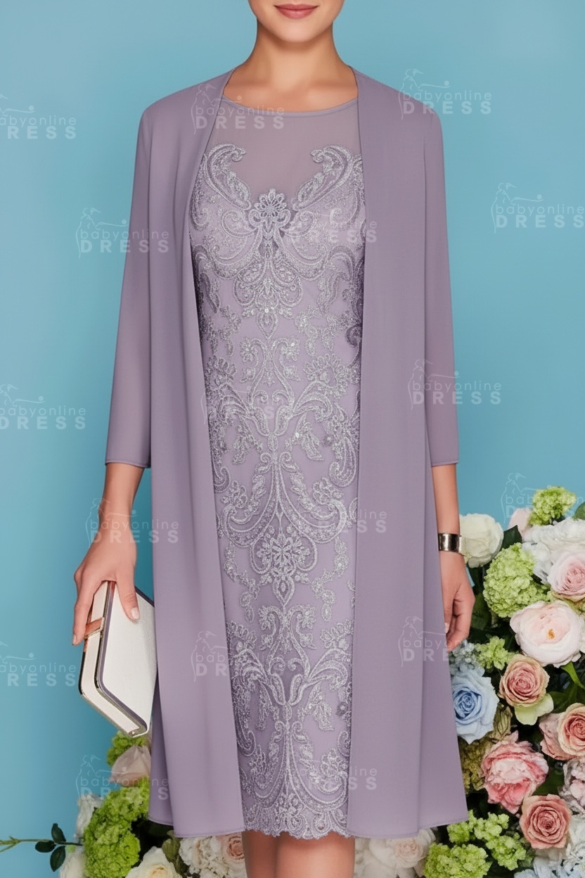 Scoop Neck Two Piece of Mermaid Slim Mother of the Bride Dress Chiffon 3/4 Sleeves Wedding Guest Outfits