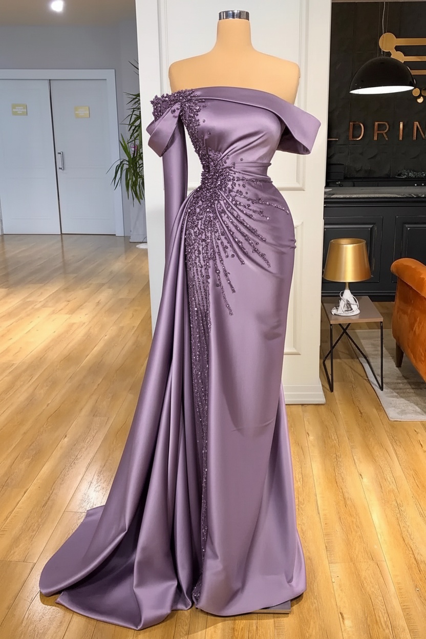 Off-the-Shoulder Satin Floor Length Prom Dress with Side Slit
