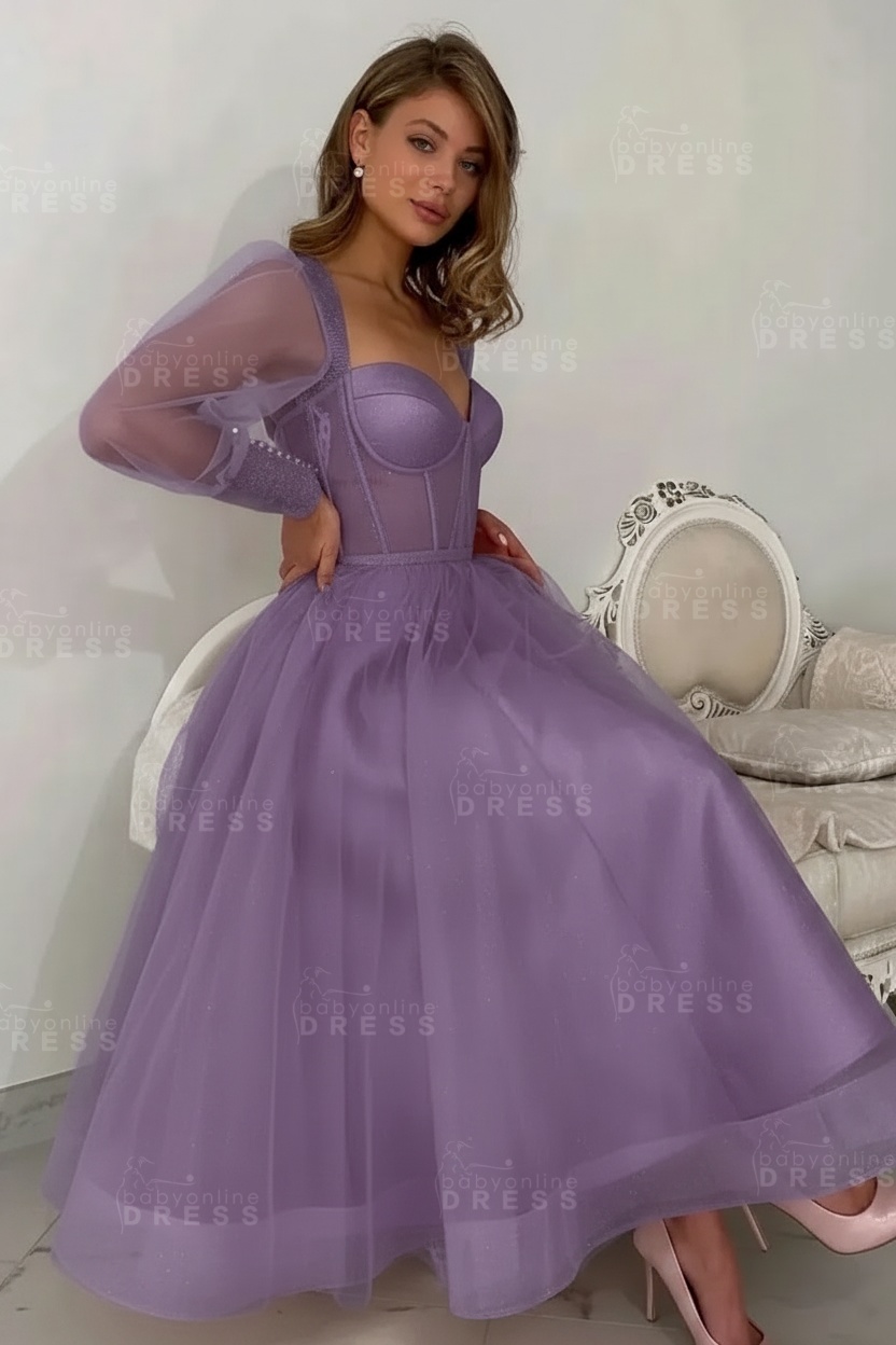 Long sleeves Pink See through Tulle Homecoming Dresses Aline