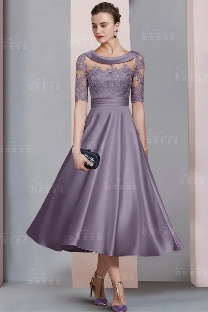 Elegant Ivory Jewel Lace Beading A-Line Tea Length Satin Wedding Guest Dress Formal Mother Dress