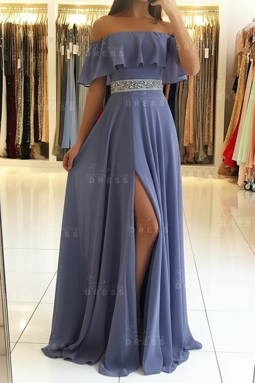 Sky Blue Off The Shoulder Evening Dresses Sexy | Chiffon Side Slit Prom Dress with Crystals Belt