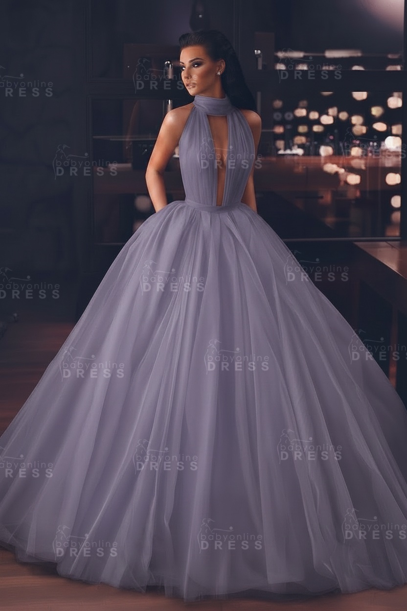 Sexy High-Neck Sleeveless Ball Gown Evening Dress with Pockets