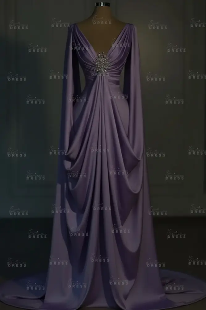 Long sleeves V-neck Satin Ruffles Mermaid Prom Dresses Floor-Length